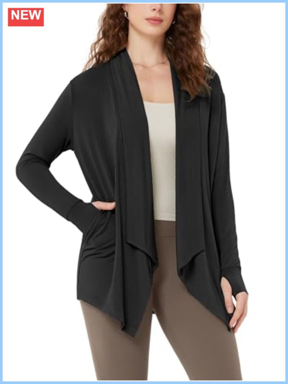 Drape Open Front Cardigan Cozy Rayon Spandex Thumb Hole Pockets Wrap